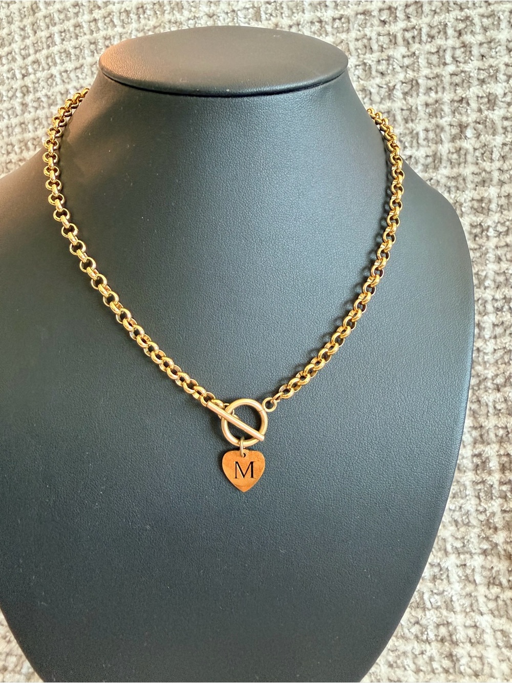 Gold Heart Pendant Toggle Necklace - Personalized M Charm